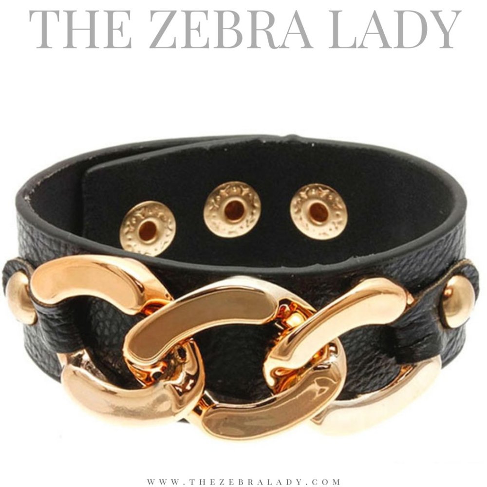 Black Leather Chain Link Snaps Bracelet